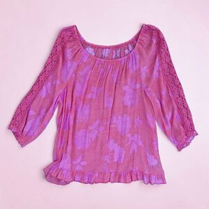 Size Large Boho Sheer Floral Lace Insert Blouse Top - Pink Watercolor Print